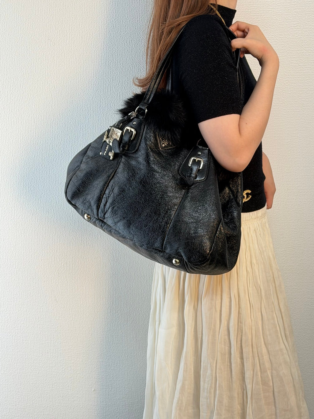 PRADA Montone Distressed Lambskin Leather and Fox Fur Trim Shopping Tote Bag