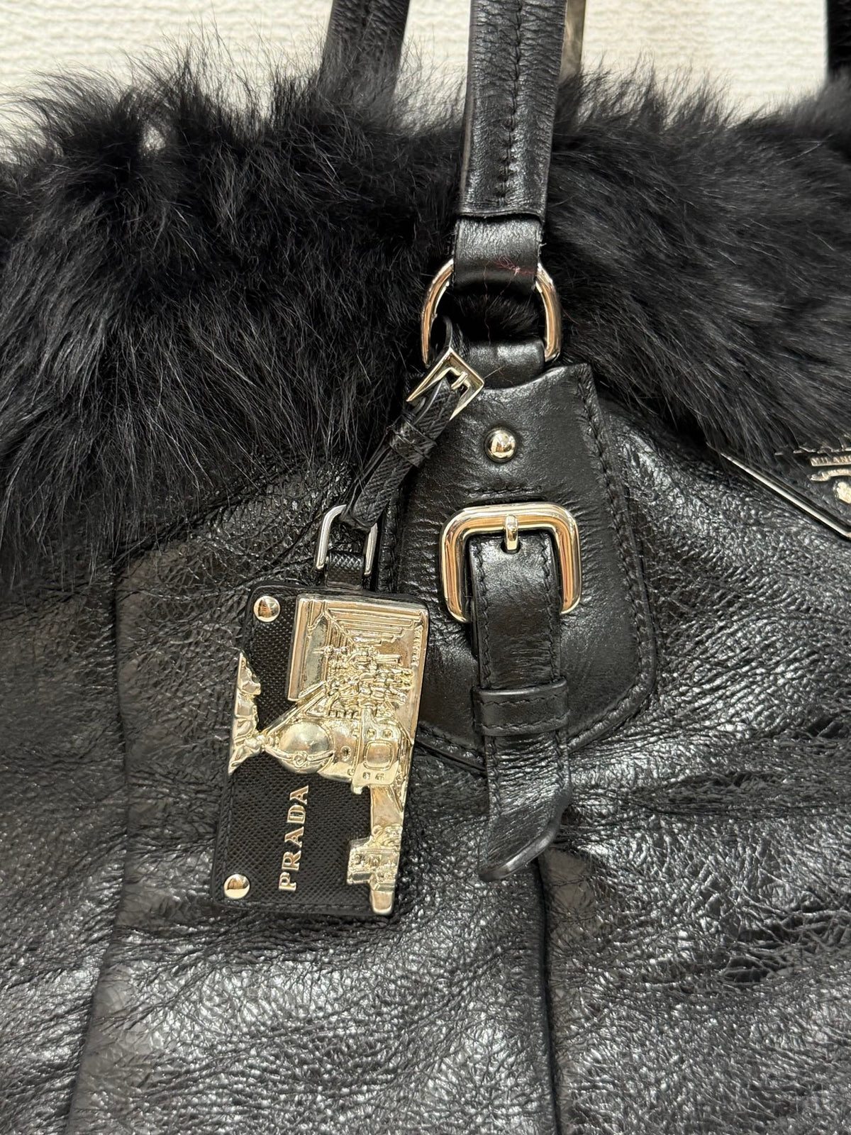 PRADA Montone Distressed Lambskin Leather and Fox Fur Trim Shopping Tote Bag