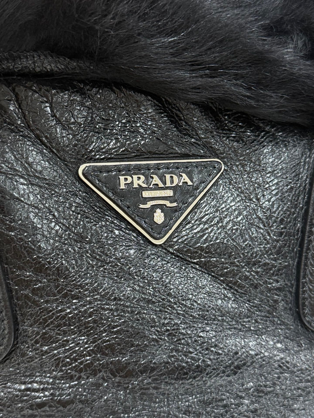 PRADA Montone Distressed Lambskin Leather and Fox Fur Trim Shopping Tote Bag