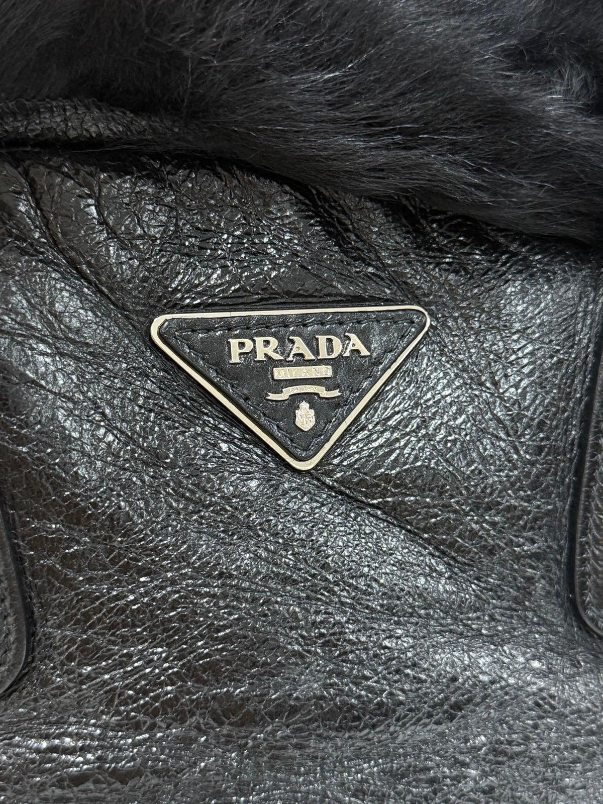 PRADA Montone Distressed Lambskin Leather and Fox Fur Trim Shopping Tote Bag