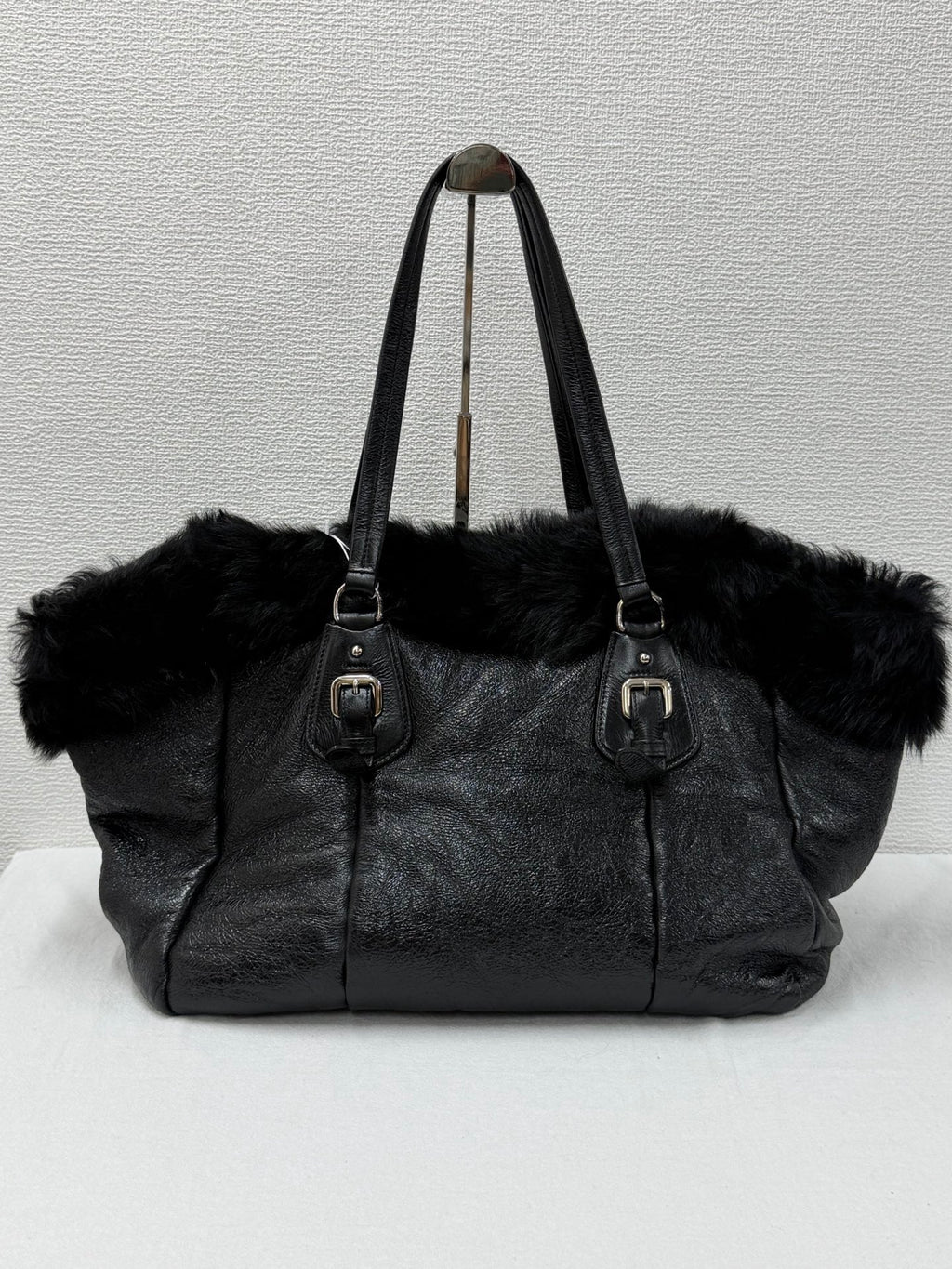 PRADA Montone Distressed Lambskin Leather and Fox Fur Trim Shopping Tote Bag