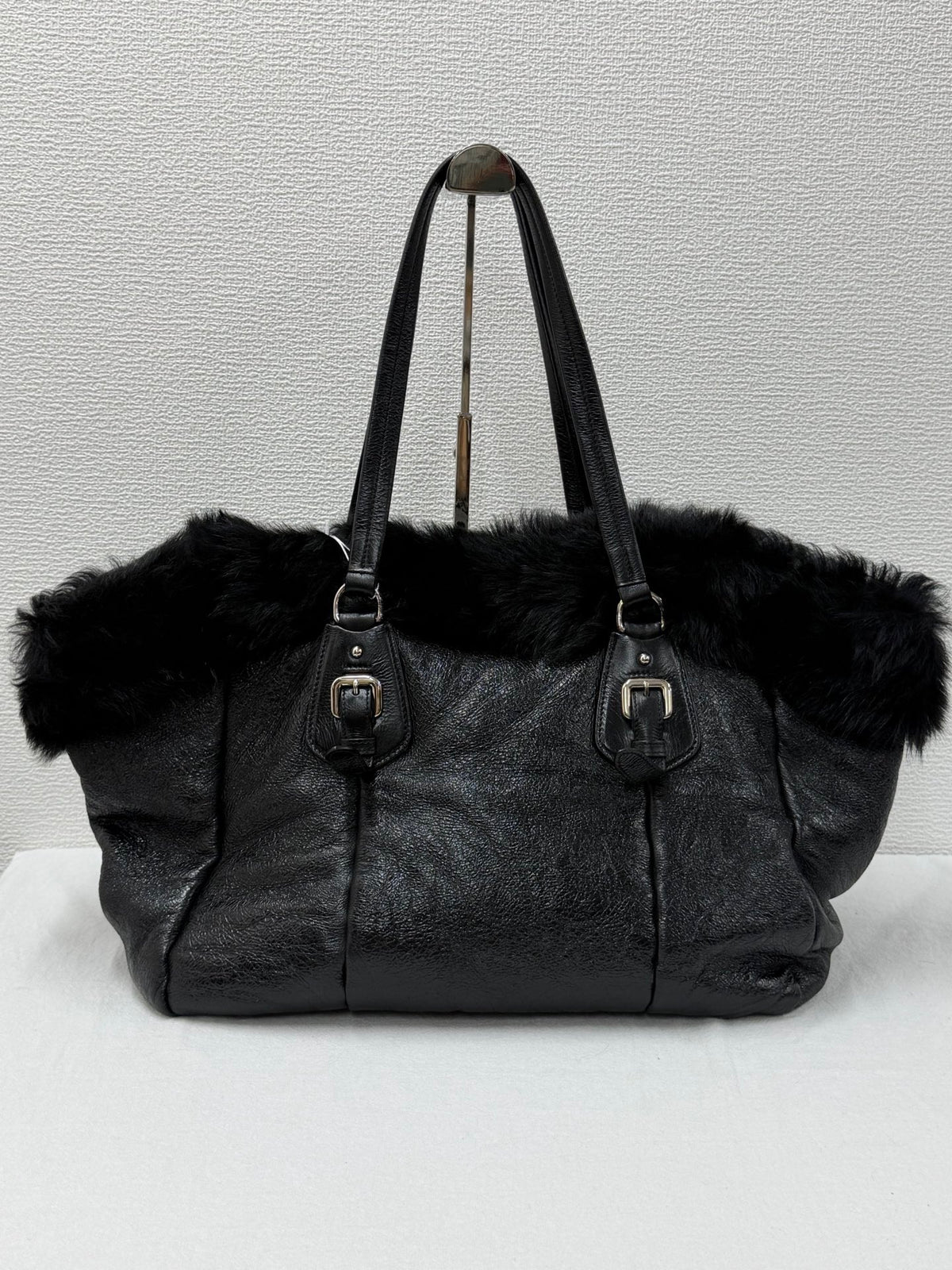 PRADA Montone Distressed Lambskin Leather and Fox Fur Trim Shopping Tote Bag