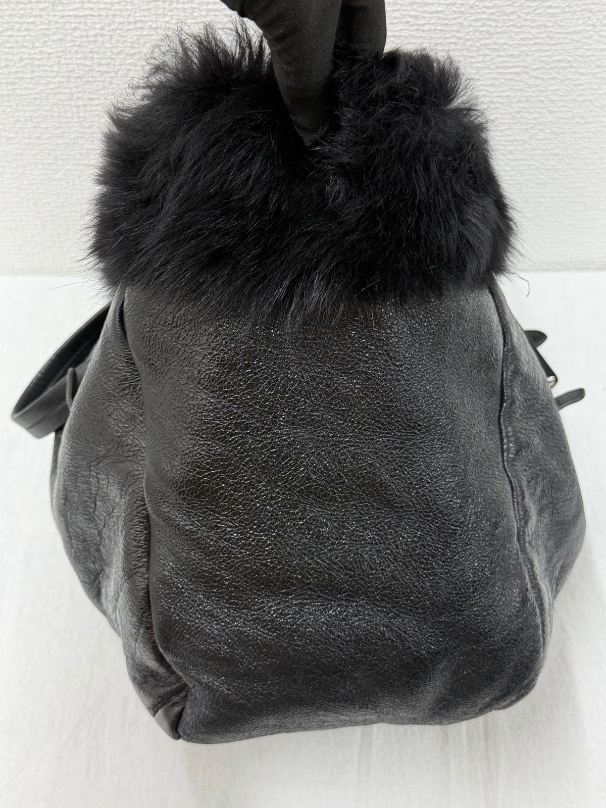 PRADA Montone Distressed Lambskin Leather and Fox Fur Trim Shopping Tote Bag