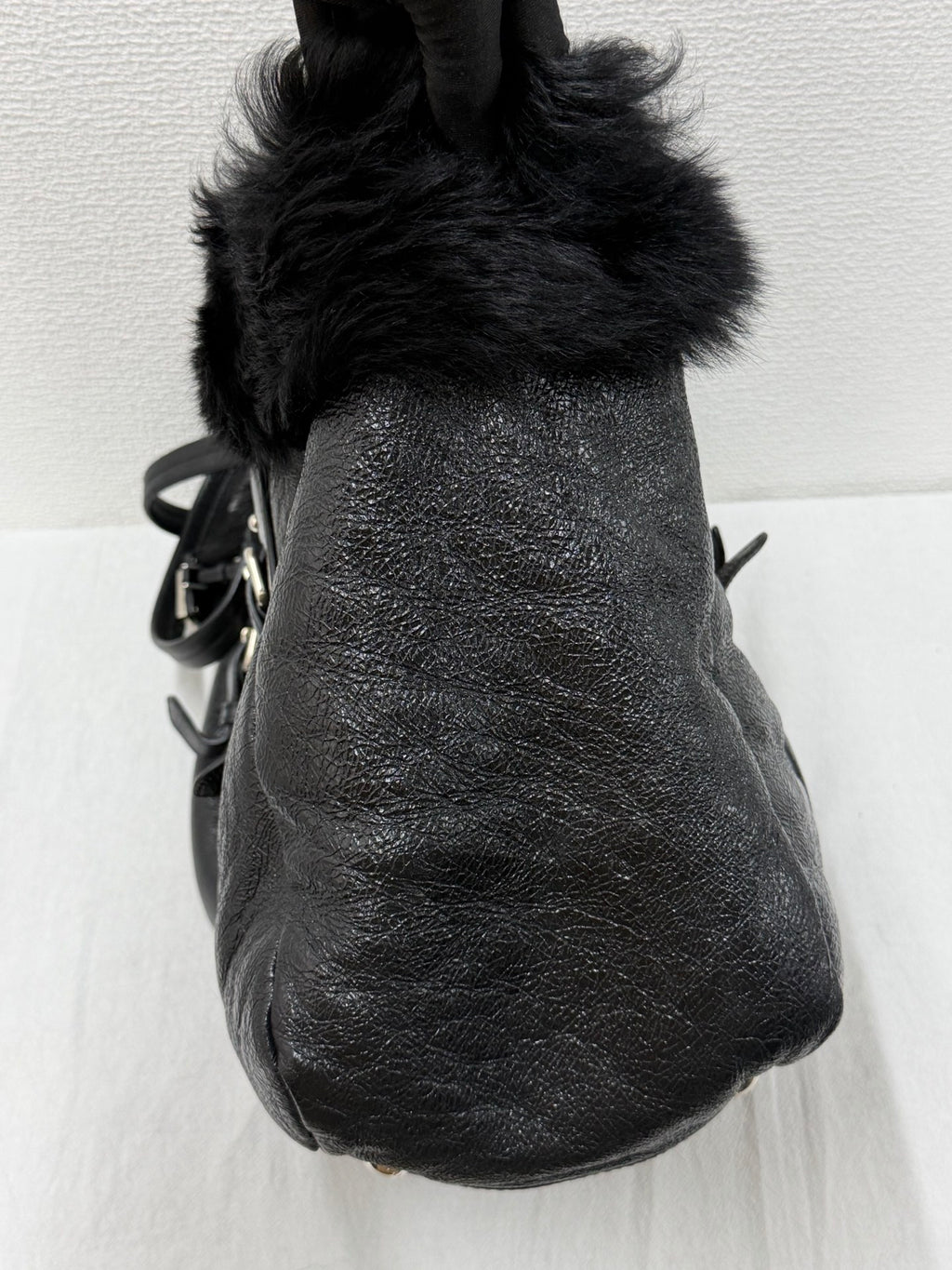 PRADA Montone Distressed Lambskin Leather and Fox Fur Trim Shopping Tote Bag