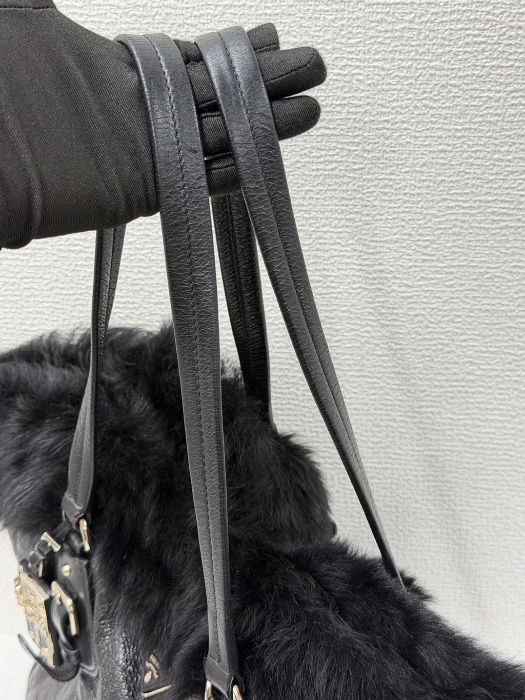 PRADA Montone Distressed Lambskin Leather and Fox Fur Trim Shopping Tote Bag