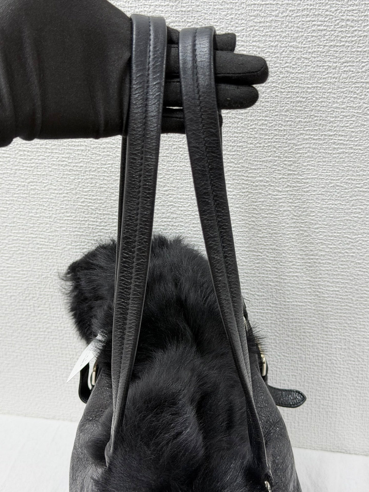PRADA Montone Distressed Lambskin Leather and Fox Fur Trim Shopping Tote Bag
