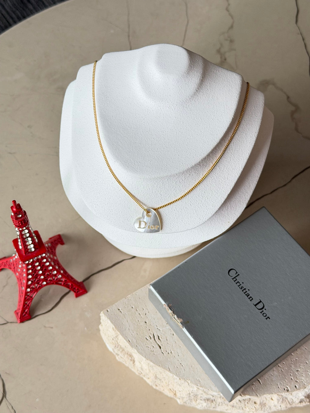 Christian Dior  Dior Logo Silver Heart Plate Pendant Gold Chain Necklace