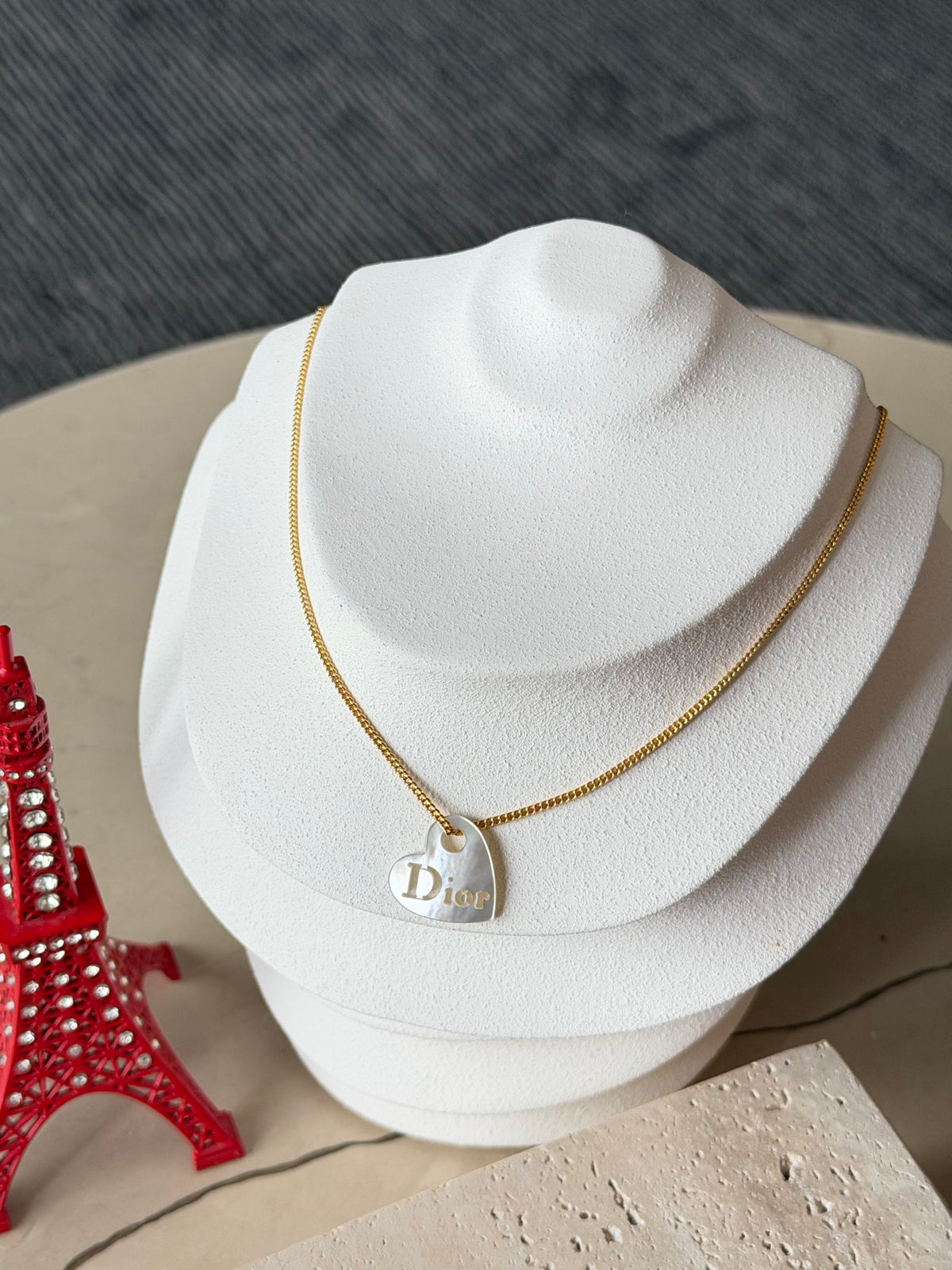 Christian Dior  Dior Logo Silver Heart Plate Pendant Gold Chain Necklace