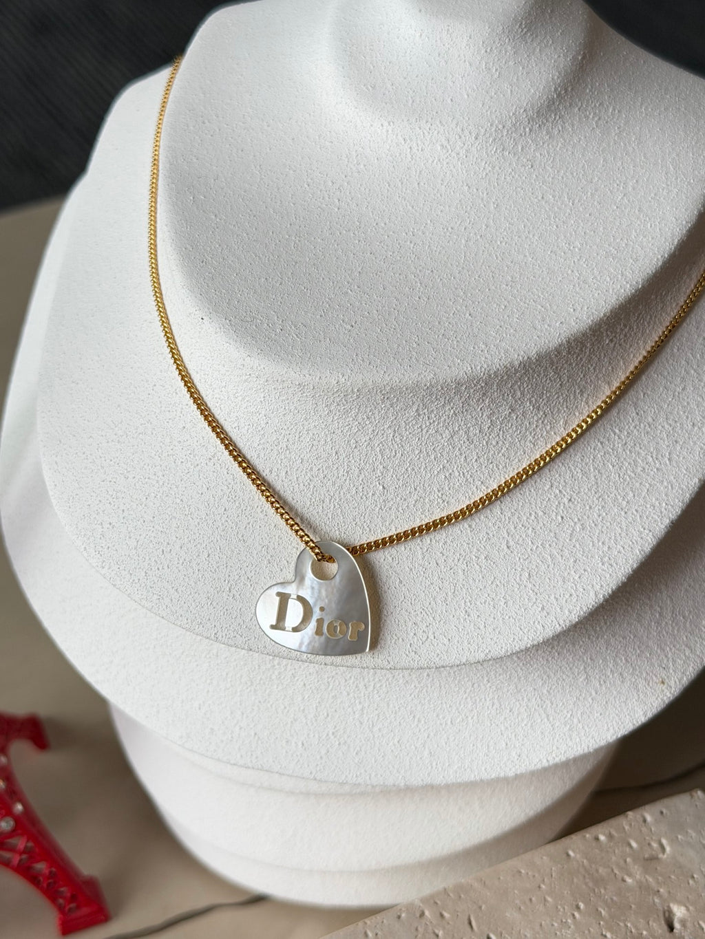 Christian Dior  Dior Logo Silver Heart Plate Pendant Gold Chain Necklace