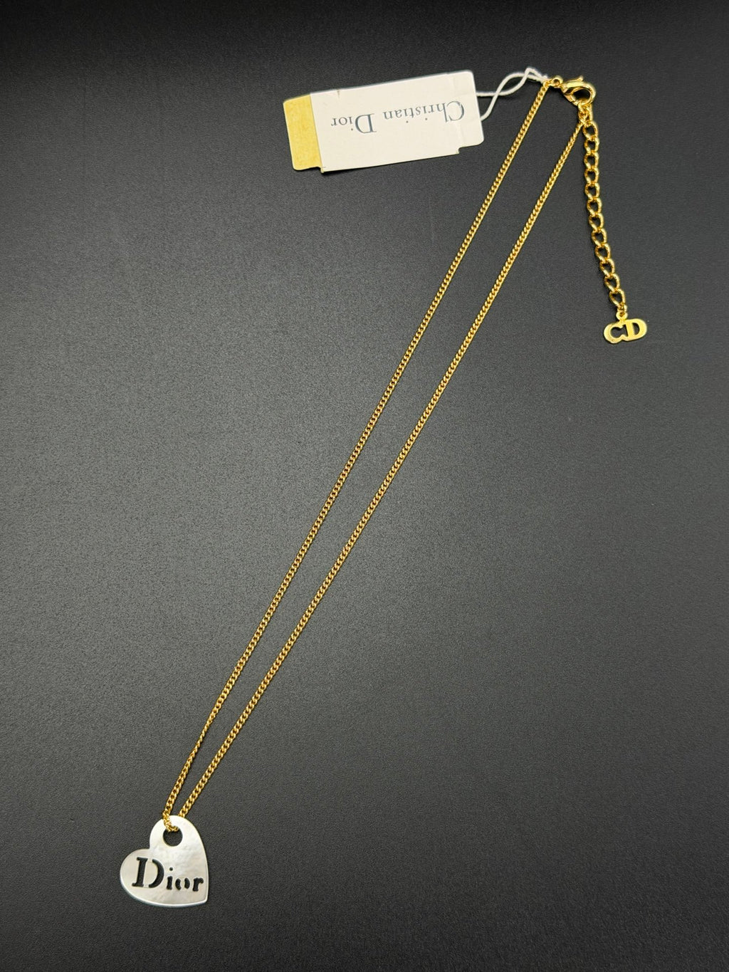 Christian Dior  Dior Logo Silver Heart Plate Pendant Gold Chain Necklace