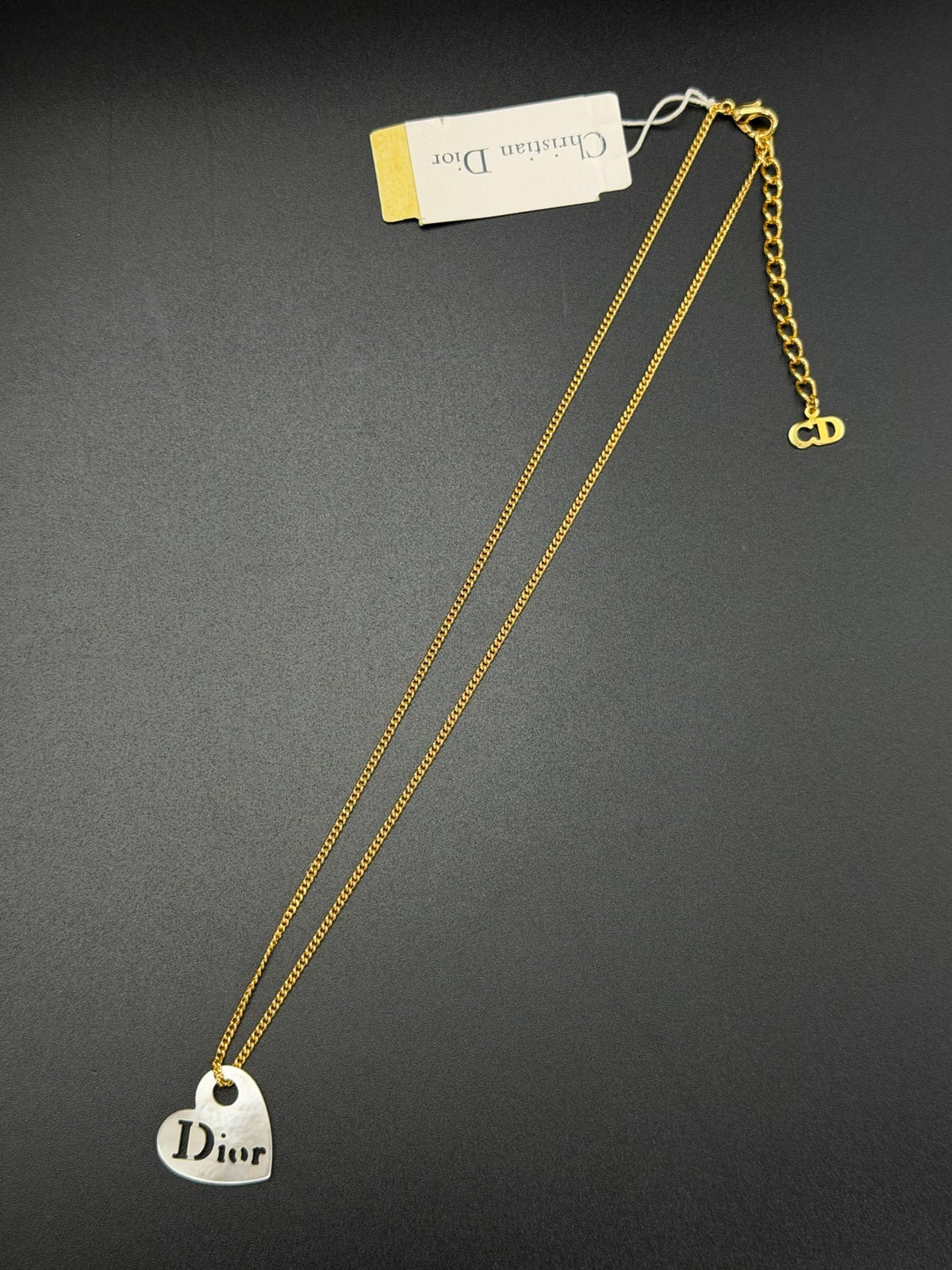 Christian Dior  Dior Logo Silver Heart Plate Pendant Gold Chain Necklace