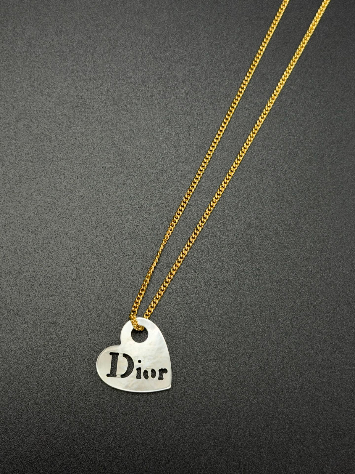 Christian Dior  Dior Logo Silver Heart Plate Pendant Gold Chain Necklace