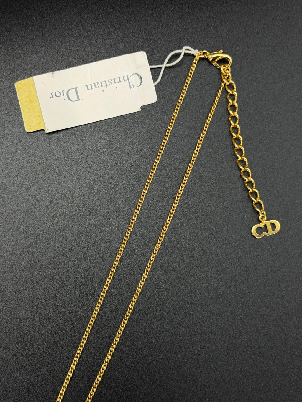 Christian Dior  Dior Logo Silver Heart Plate Pendant Gold Chain Necklace