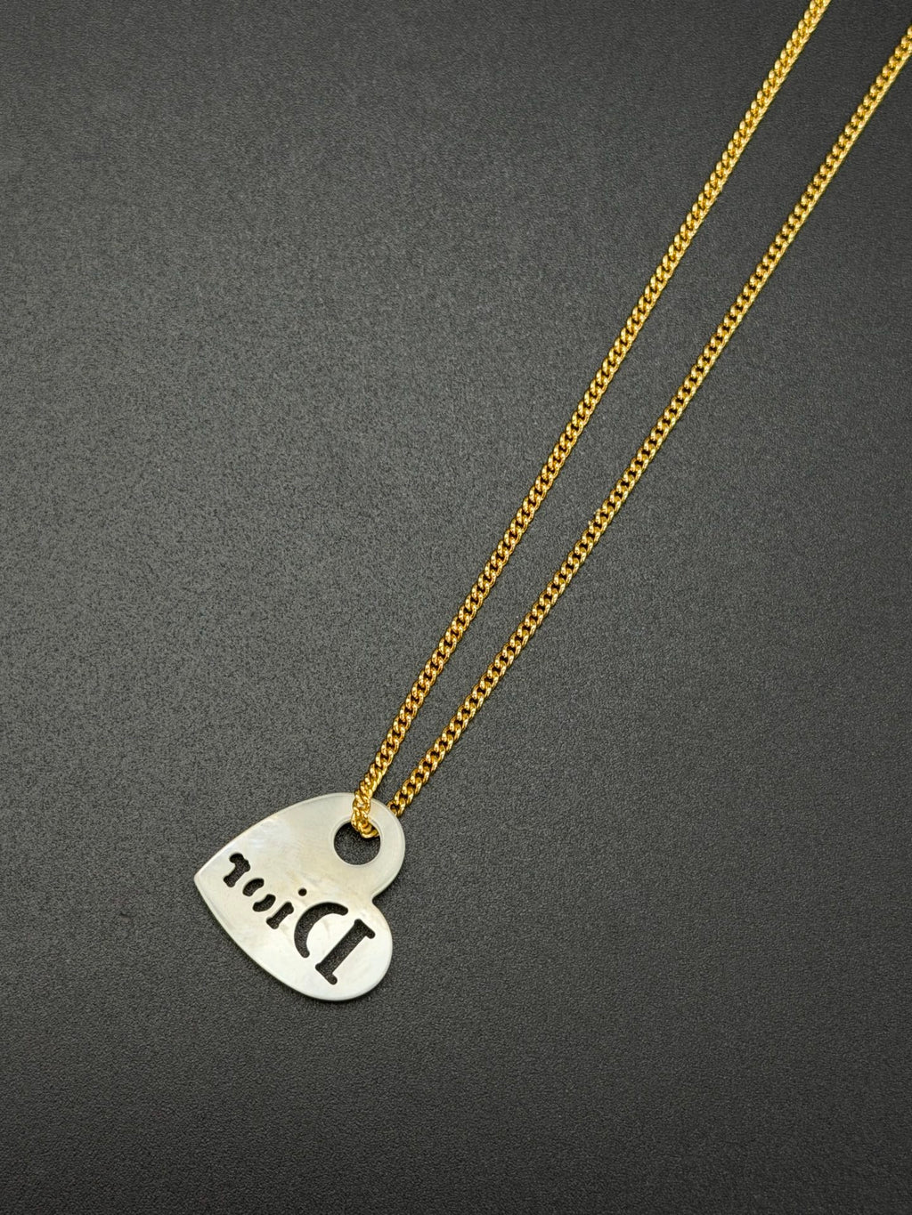 Christian Dior  Dior Logo Silver Heart Plate Pendant Gold Chain Necklace