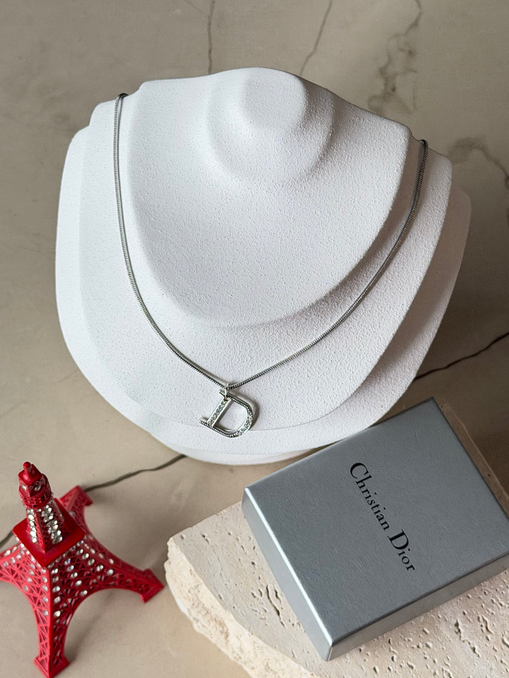Christian Dior Vintage Rhinestone Encrusted D Logo Pendant Snake Chain Necklace Silver