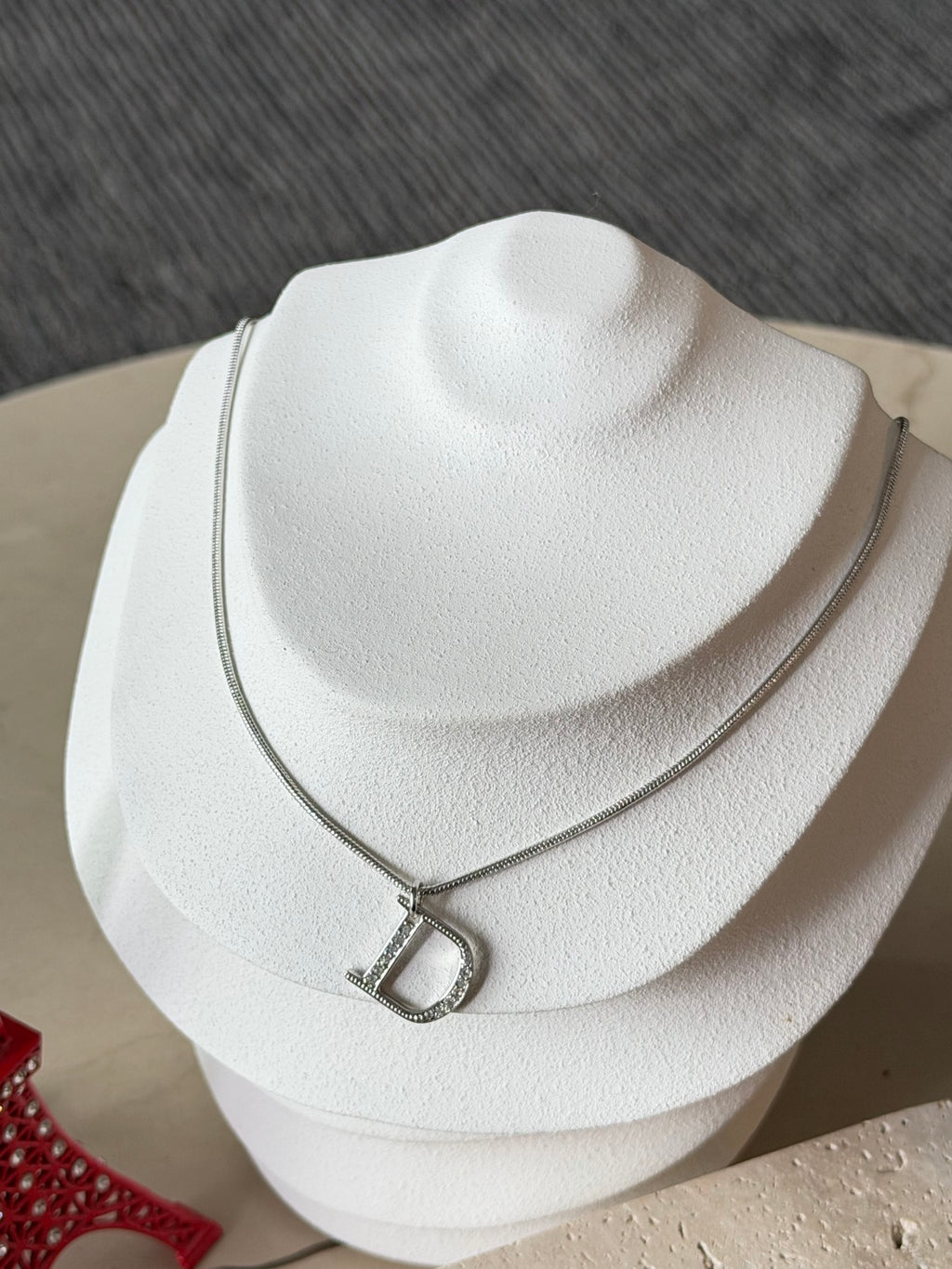 Christian Dior Vintage Rhinestone Encrusted D Logo Pendant Snake Chain Necklace Silver
