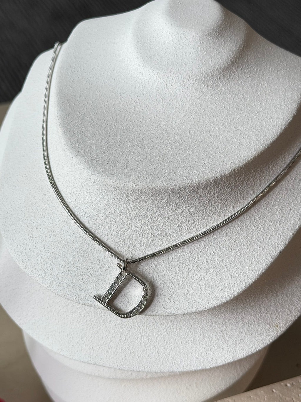 Christian Dior Vintage Rhinestone Encrusted D Logo Pendant Snake Chain Necklace Silver