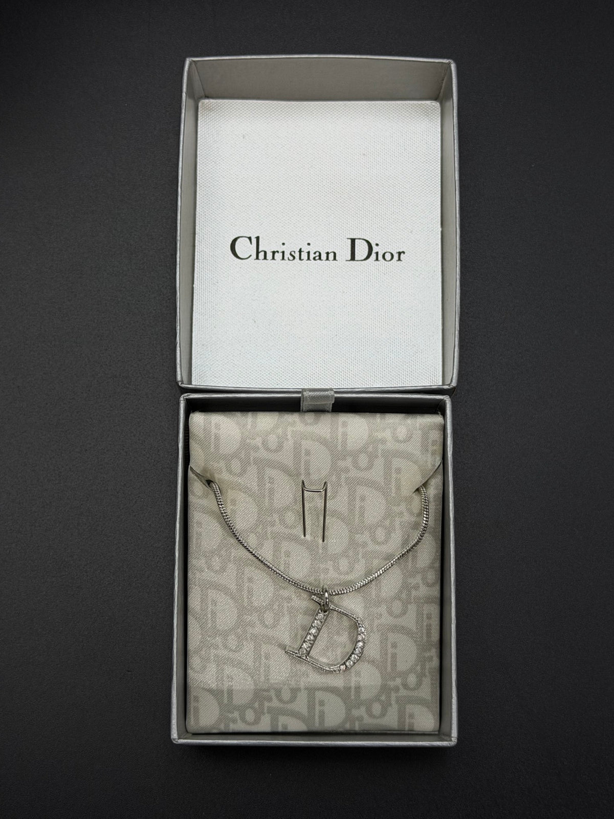 Christian Dior Vintage Rhinestone Encrusted D Logo Pendant Snake Chain Necklace Silver