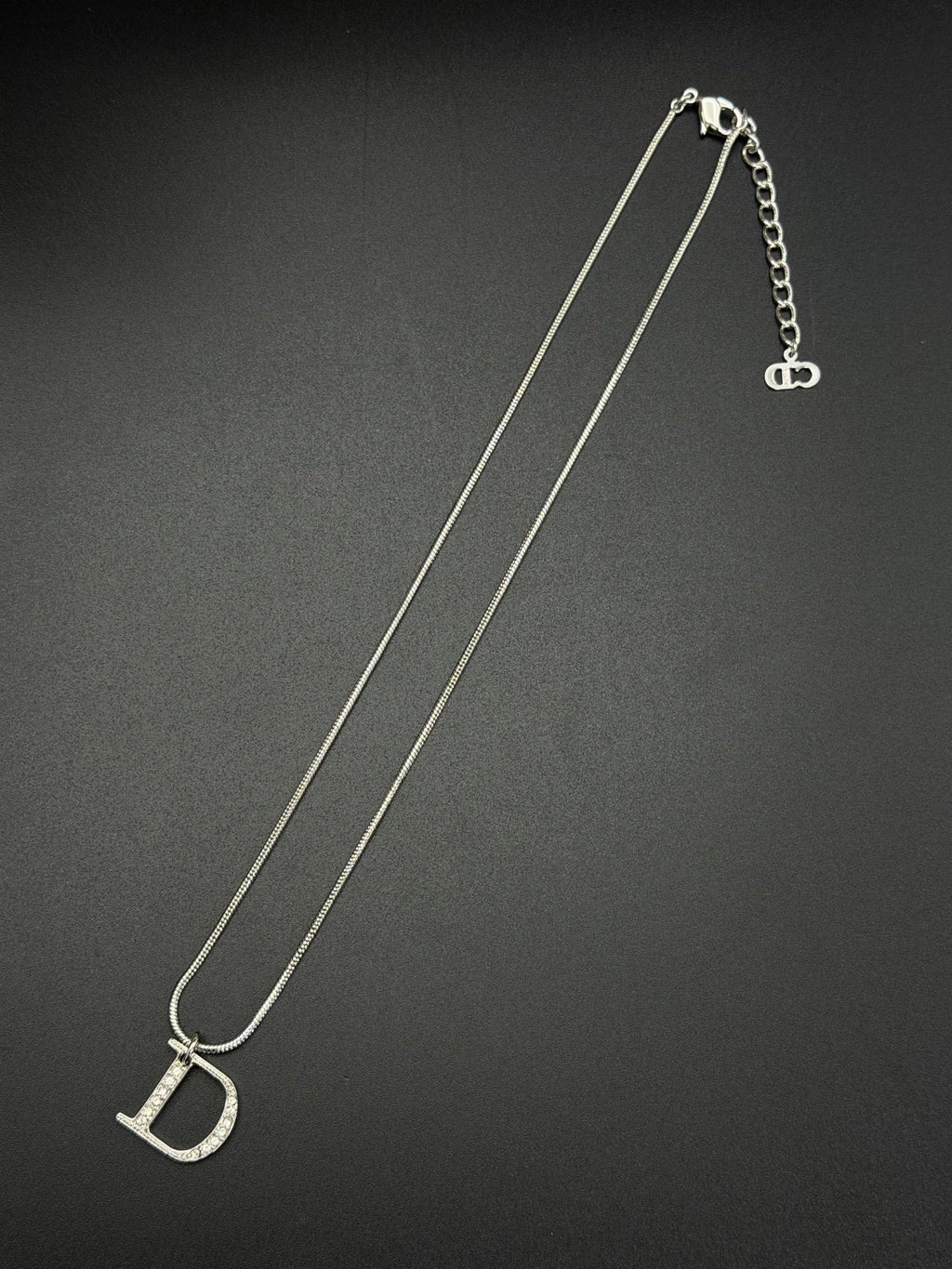 Christian Dior Vintage Rhinestone Encrusted D Logo Pendant Snake Chain Necklace Silver