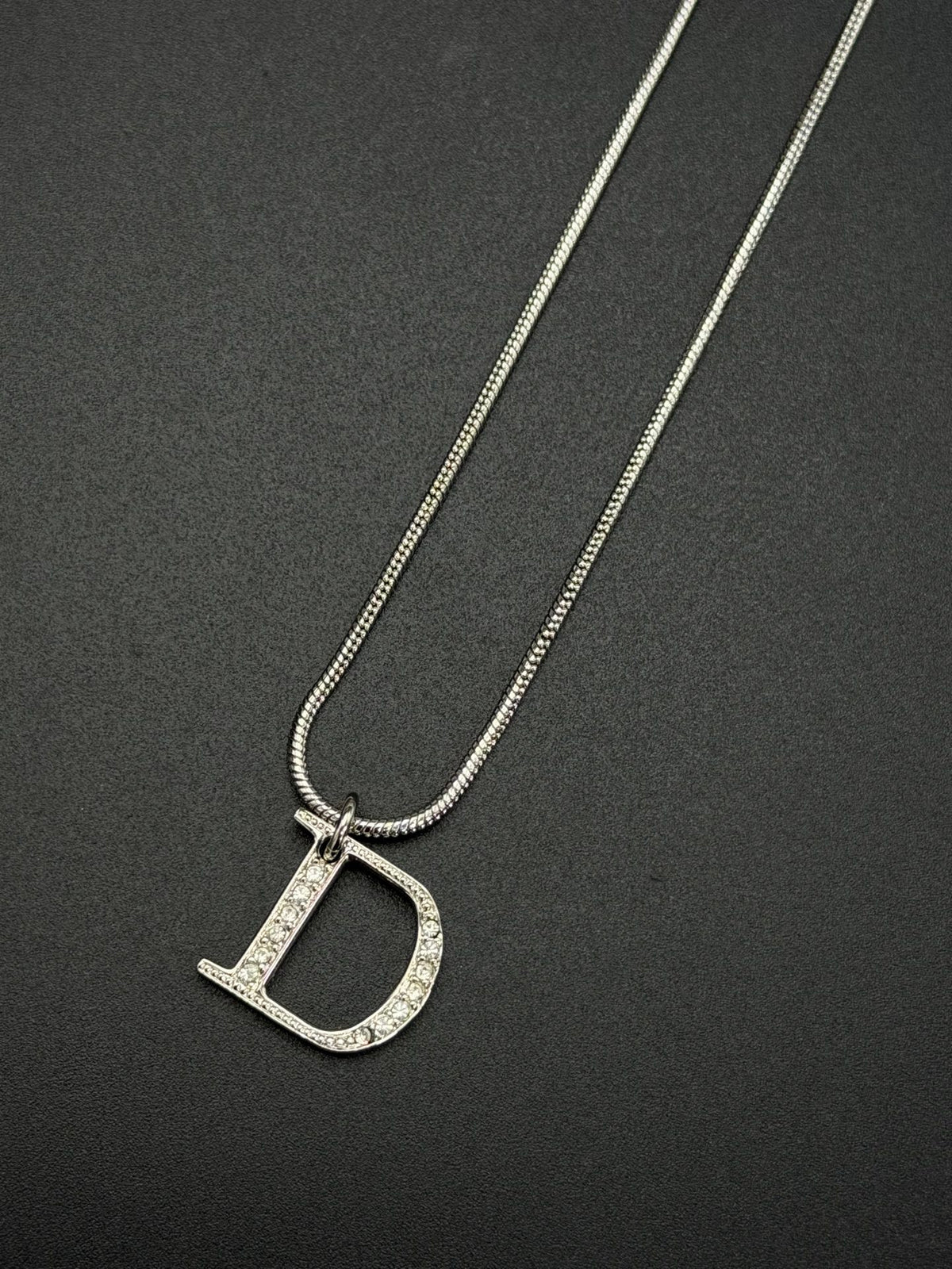 Christian Dior Vintage Rhinestone Encrusted D Logo Pendant Snake Chain Necklace Silver