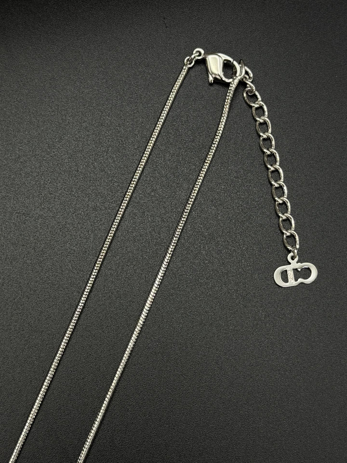 Christian Dior Vintage Rhinestone Encrusted D Logo Pendant Snake Chain Necklace Silver