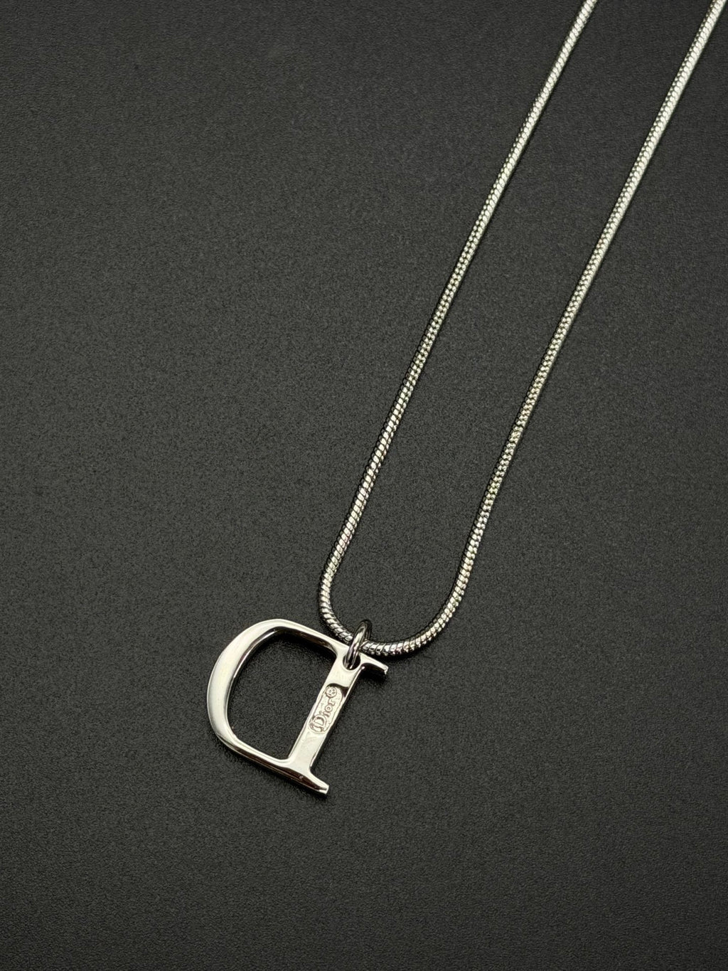 Christian Dior Vintage Rhinestone Encrusted D Logo Pendant Snake Chain Necklace Silver