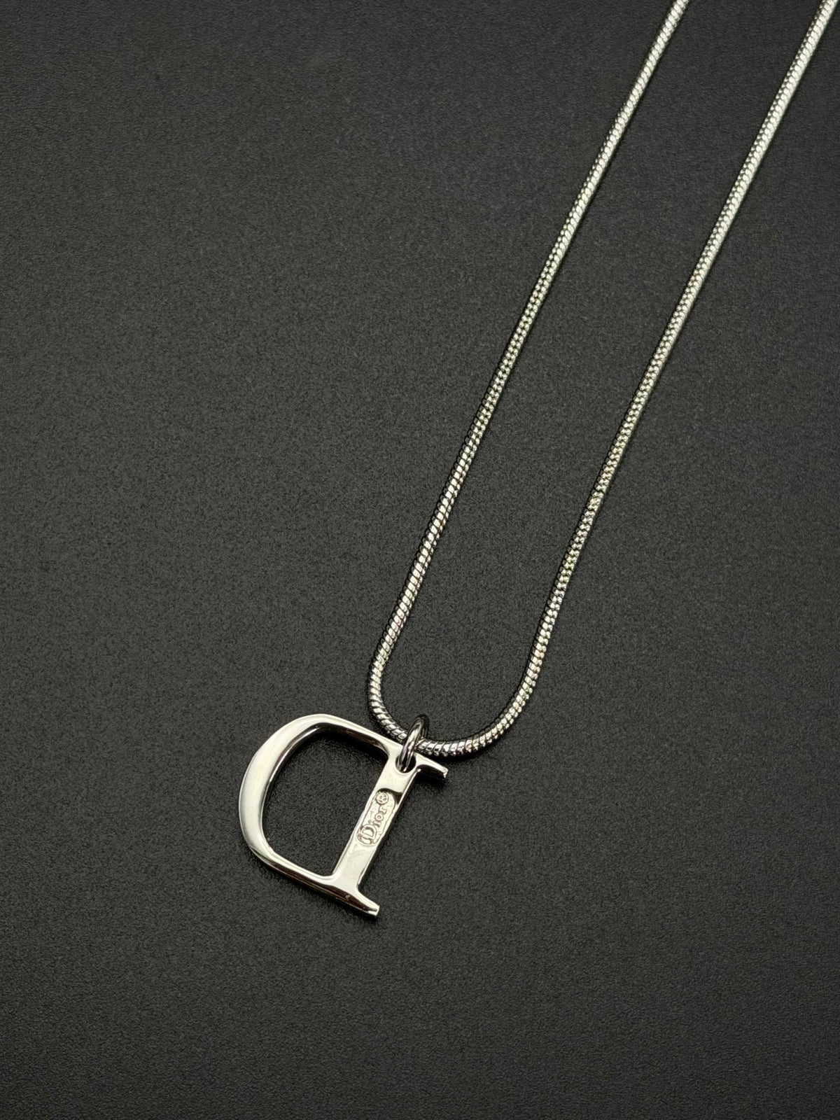 Christian Dior Vintage Rhinestone Encrusted D Logo Pendant Snake Chain Necklace Silver