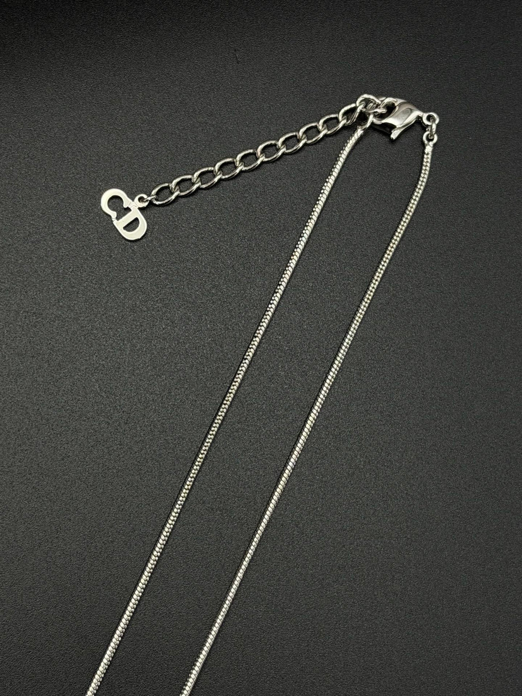 Christian Dior Vintage Rhinestone Encrusted D Logo Pendant Snake Chain Necklace Silver