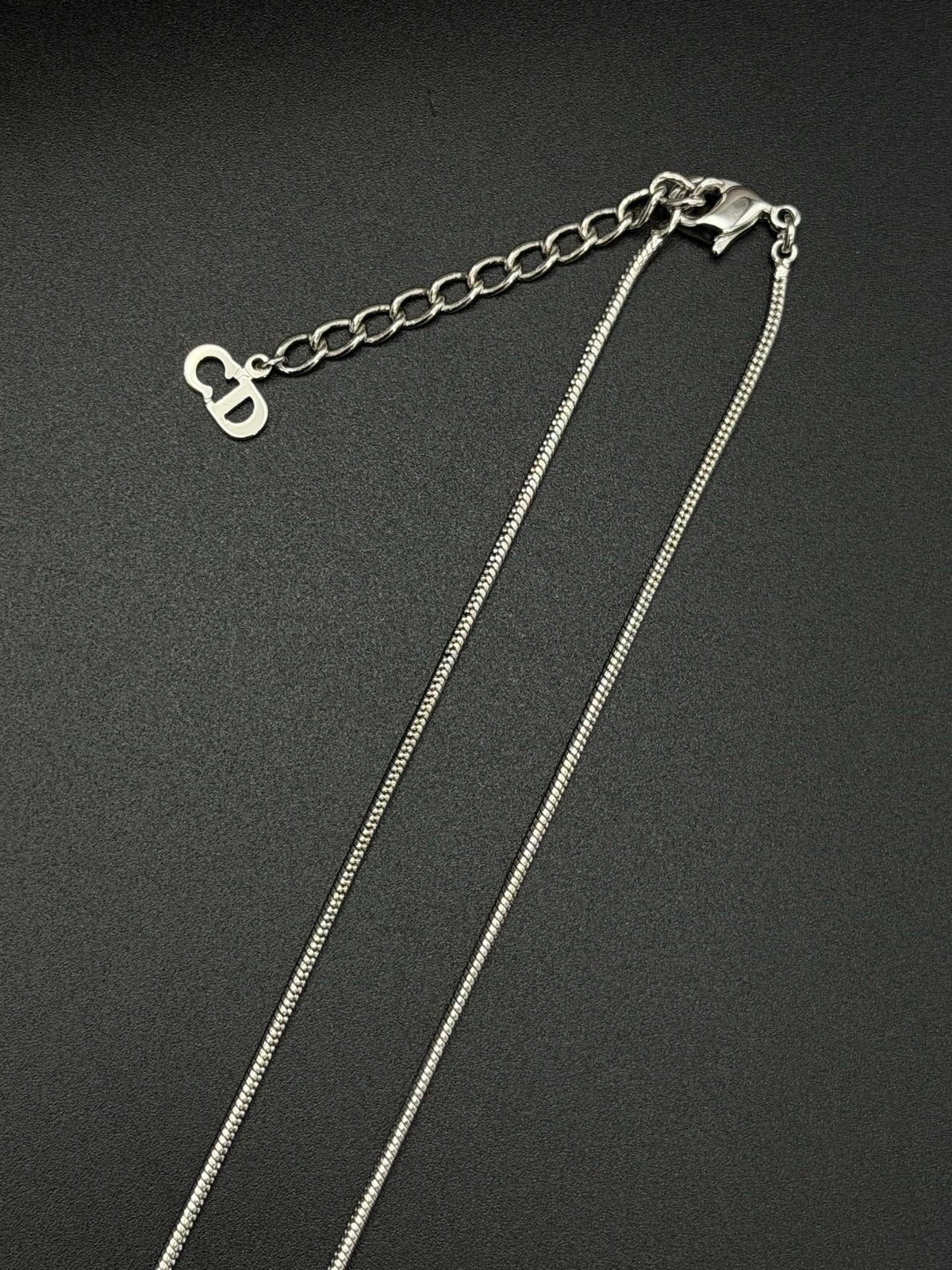 Christian Dior Vintage Rhinestone Encrusted D Logo Pendant Snake Chain Necklace Silver
