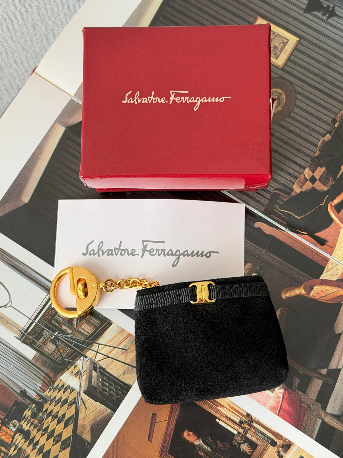 Ferragamo Vara Bow Black Suede Mini Pouch Keychain Bag