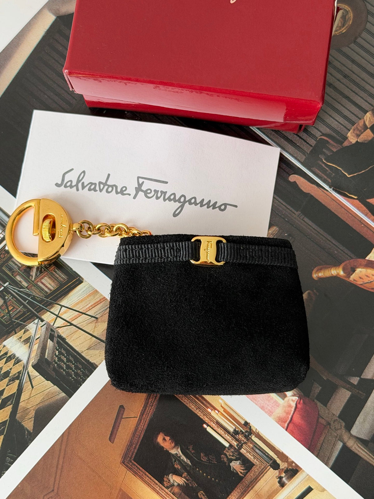 Ferragamo Vara Bow Black Suede Mini Pouch Keychain Bag