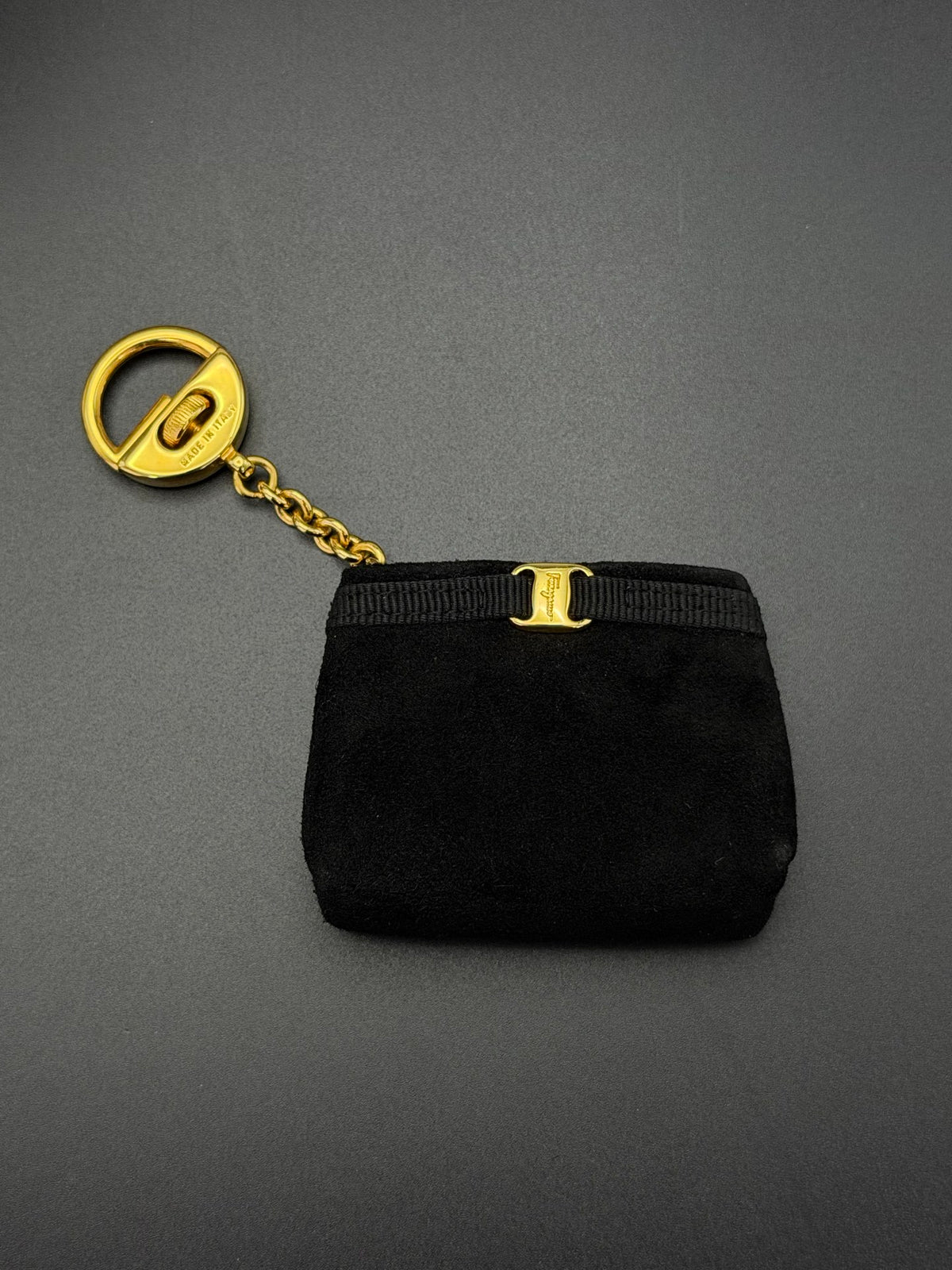 Ferragamo Vara Bow Black Suede Mini Pouch Keychain Bag