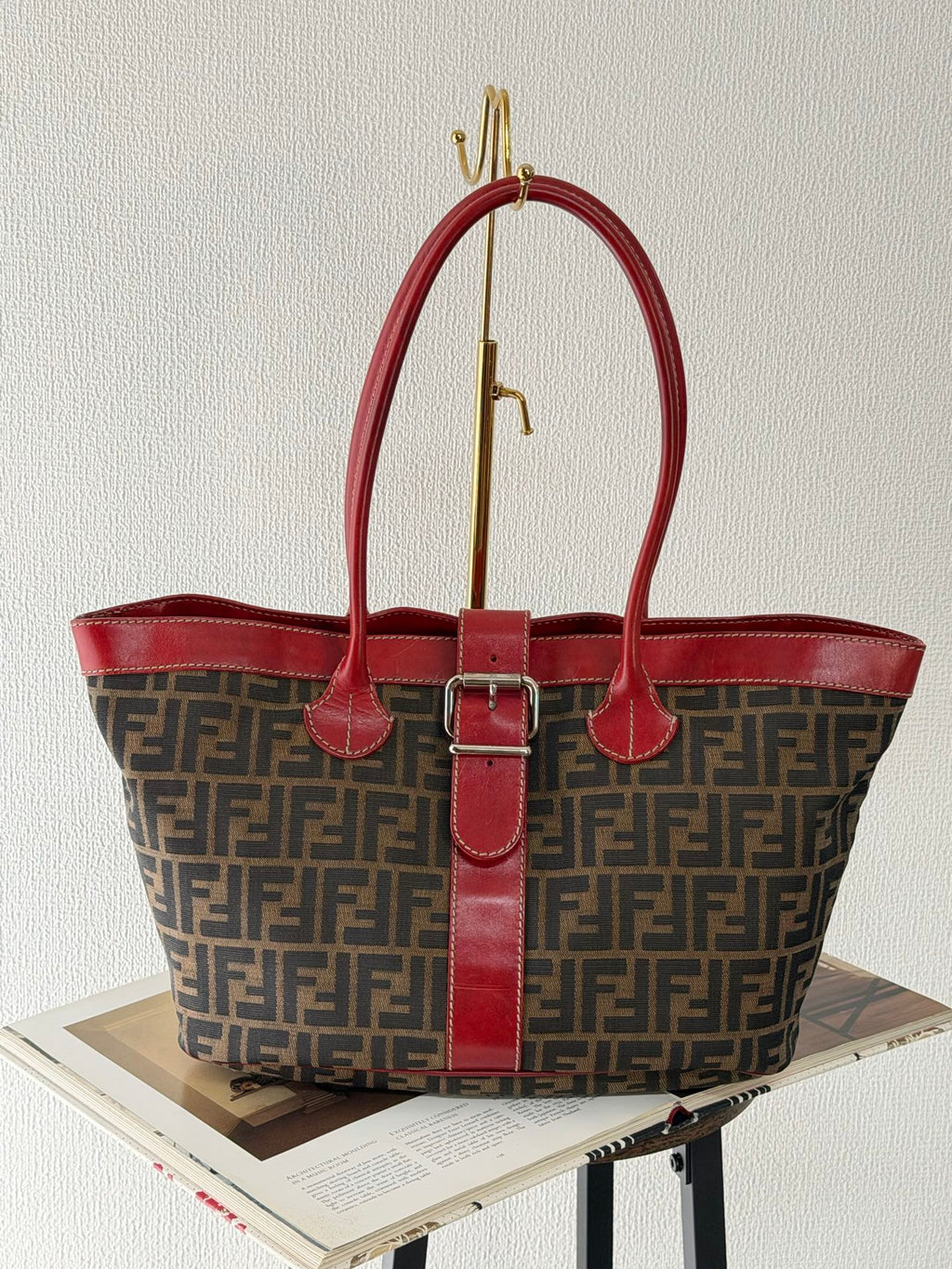 FENDI Zucca Canvas Buckle Tote Bag with Red Leather Accents
