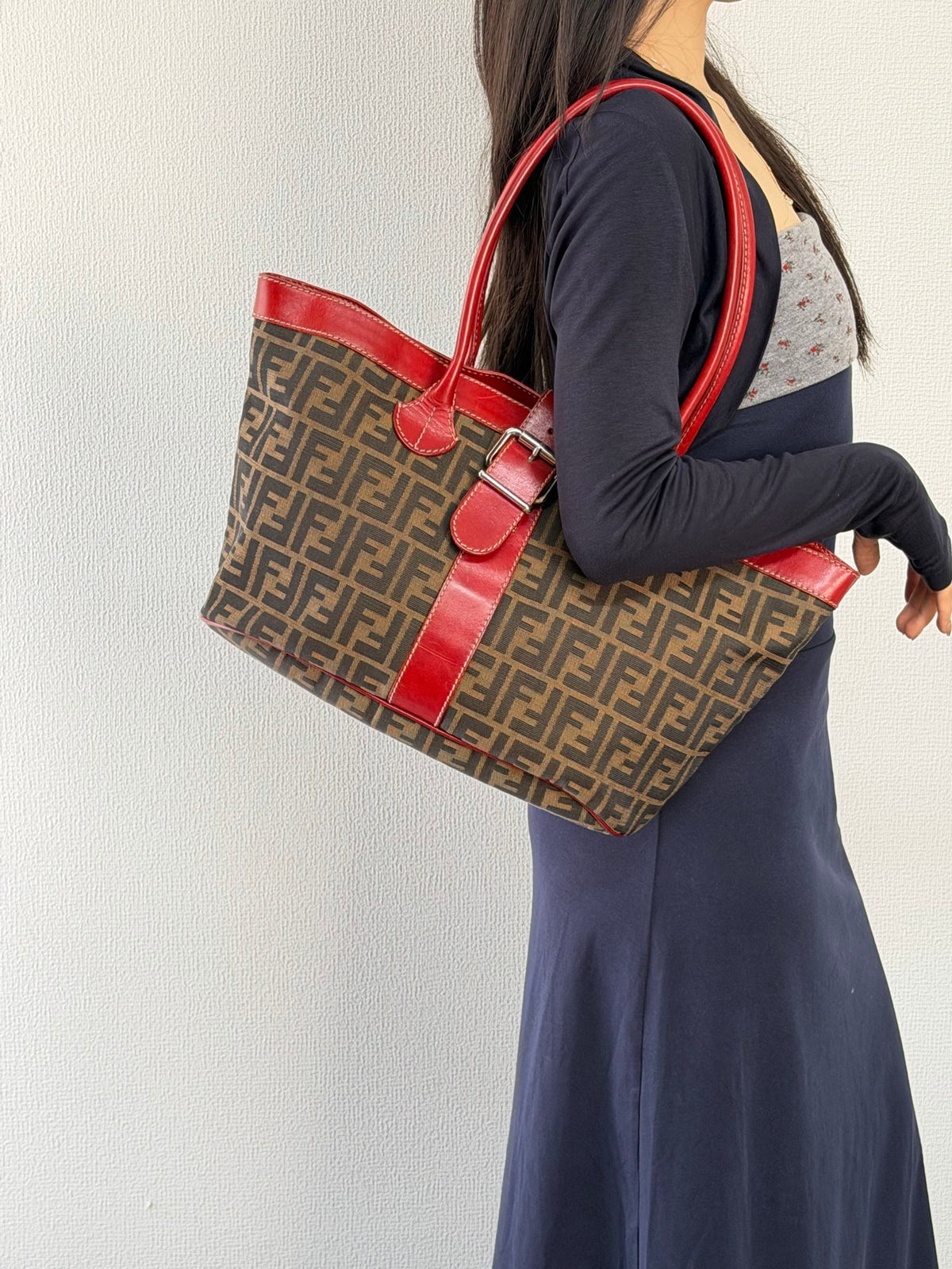 FENDI Zucca Canvas Buckle Tote Bag with Red Leather Accents