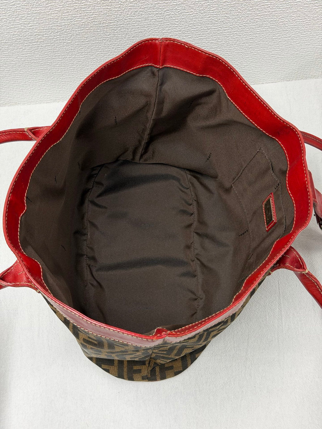 FENDI Zucca Canvas Buckle Tote Bag with Red Leather Accents