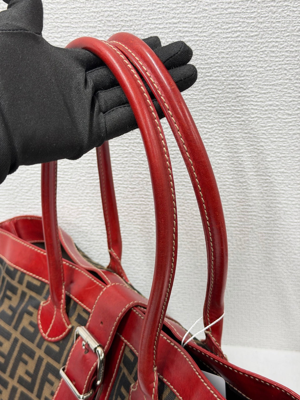 FENDI Zucca Canvas Buckle Tote Bag with Red Leather Accents