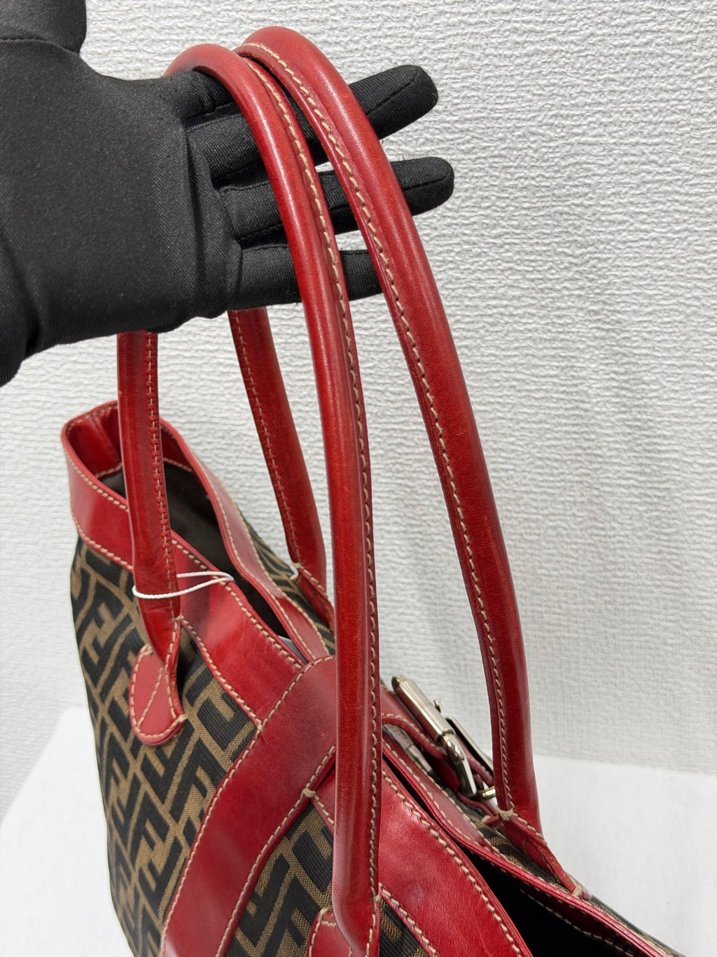 FENDI Zucca Canvas Buckle Tote Bag with Red Leather Accents