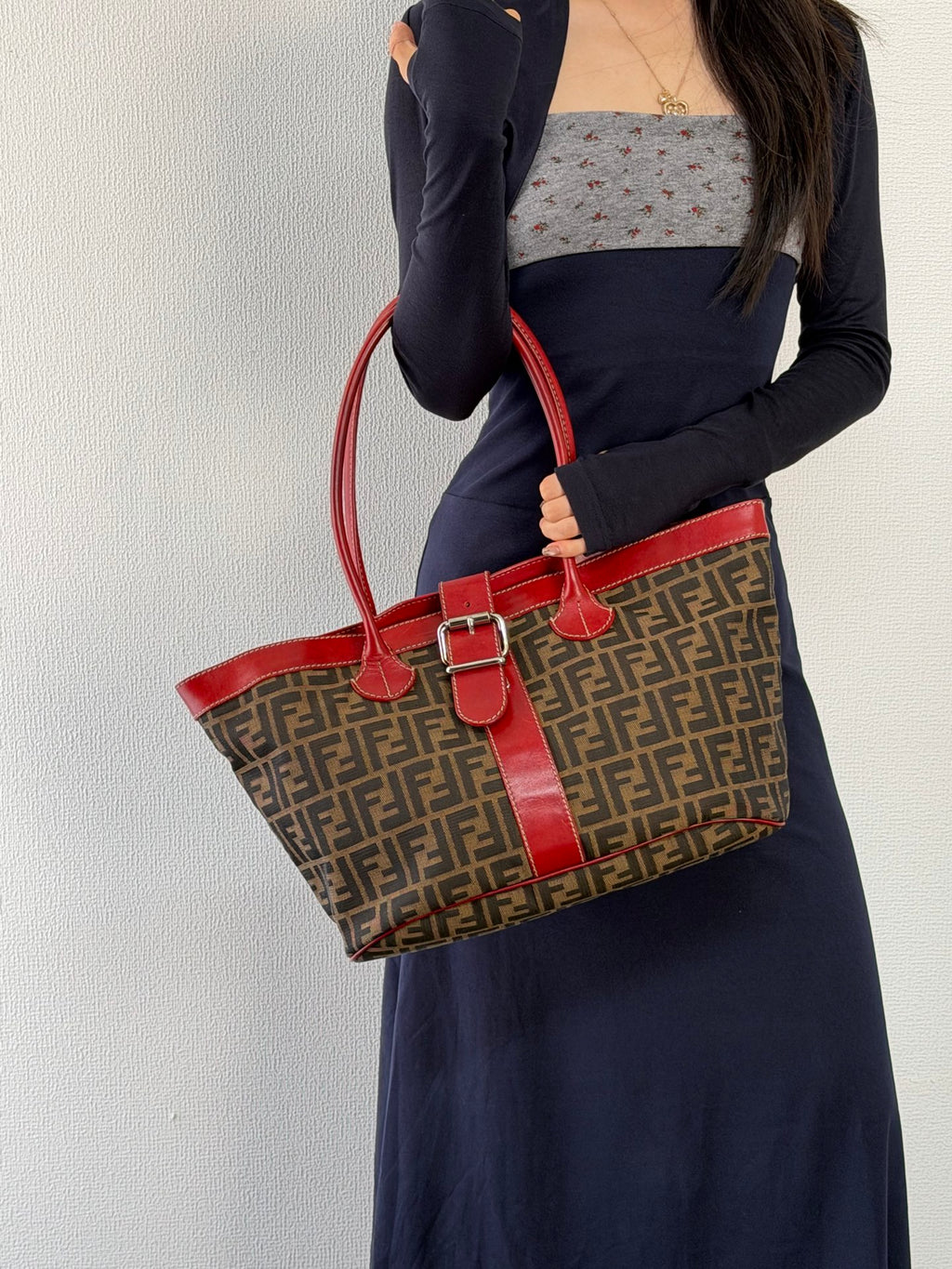 FENDI Zucca Canvas Buckle Tote Bag with Red Leather Accents