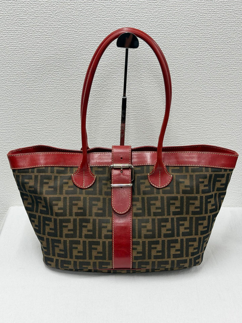 FENDI Zucca Canvas Buckle Tote Bag with Red Leather Accents