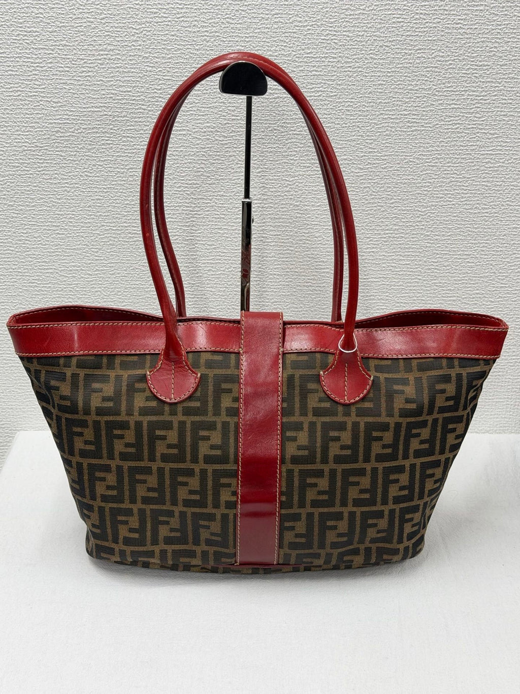 FENDI Zucca Canvas Buckle Tote Bag with Red Leather Accents