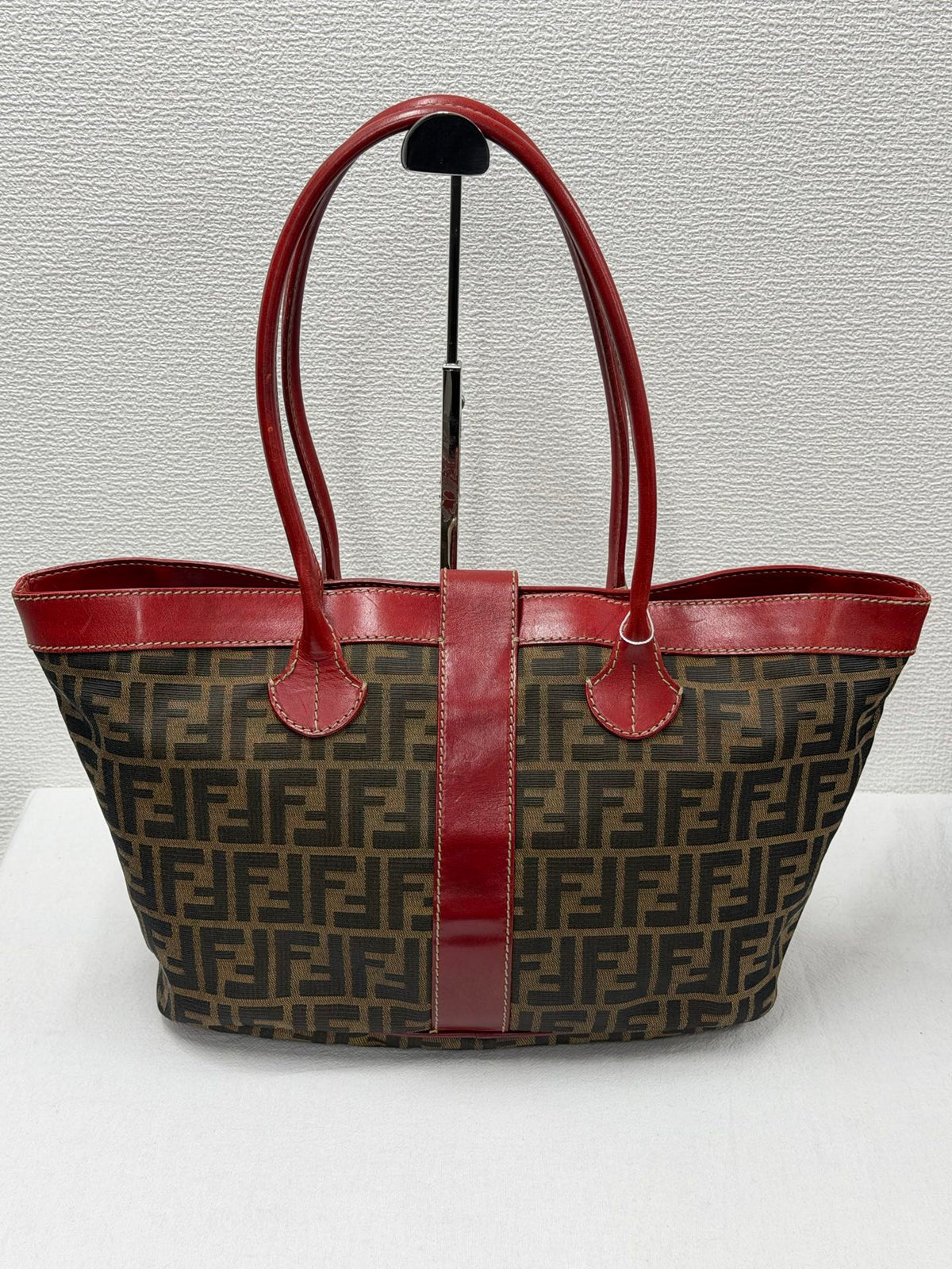 FENDI Zucca Canvas Buckle Tote Bag with Red Leather Accents