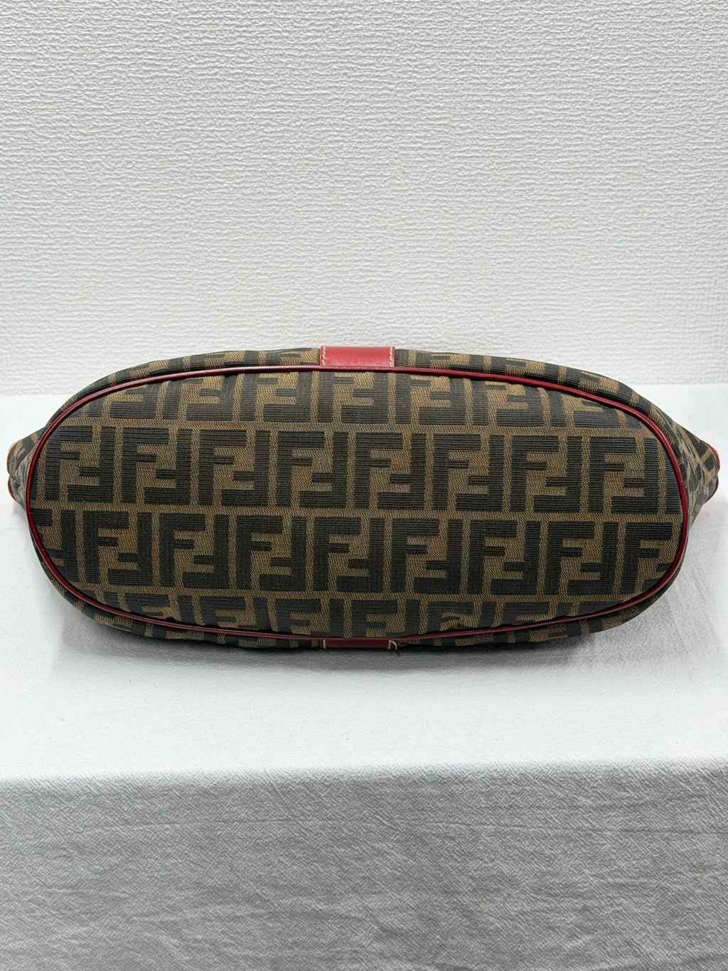 FENDI Zucca Canvas Buckle Tote Bag with Red Leather Accents