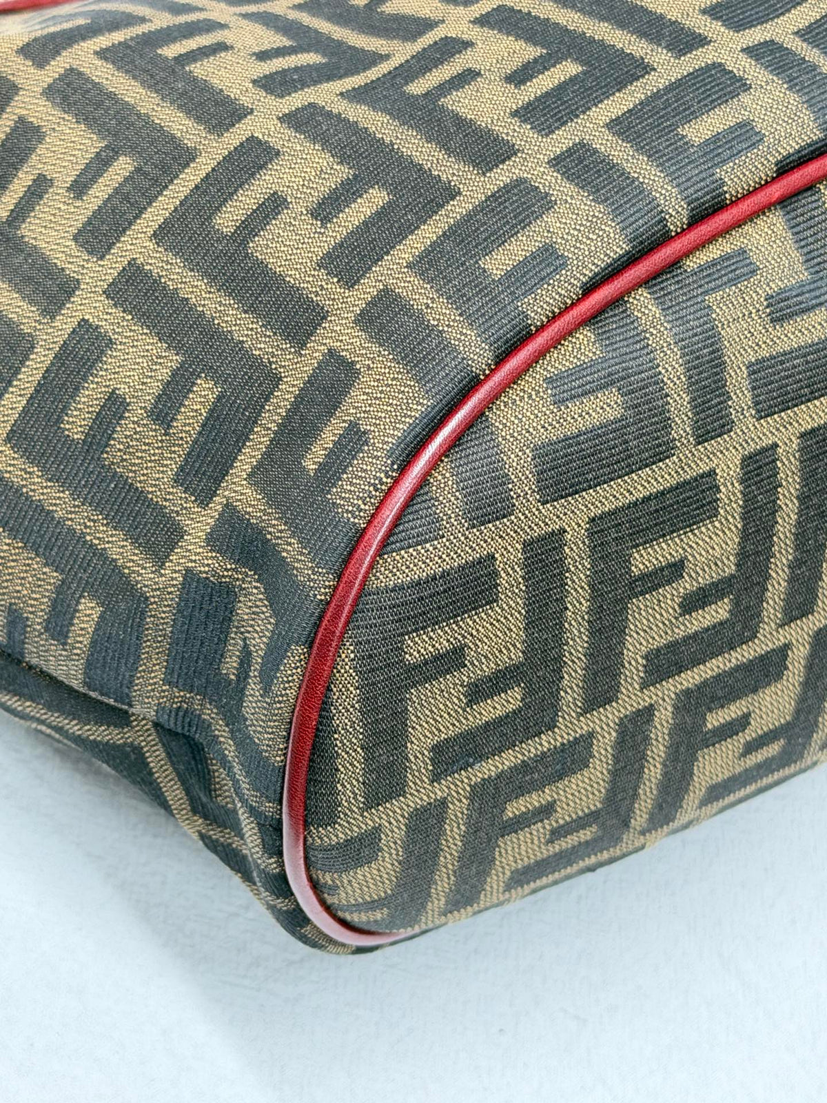FENDI Zucca Canvas Buckle Tote Bag with Red Leather Accents