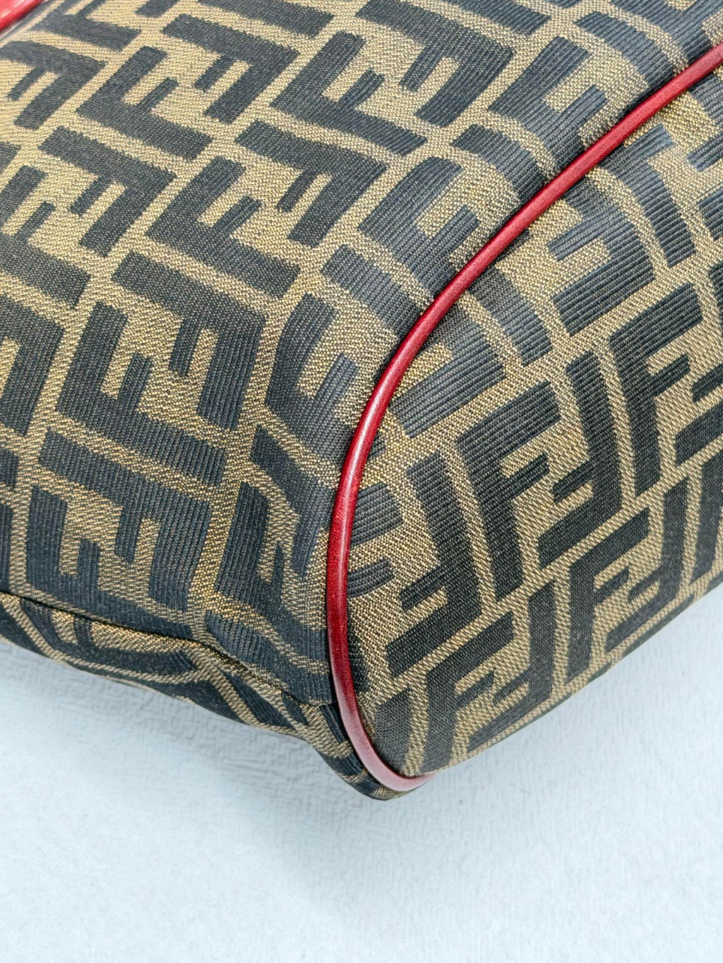 FENDI Zucca Canvas Buckle Tote Bag with Red Leather Accents