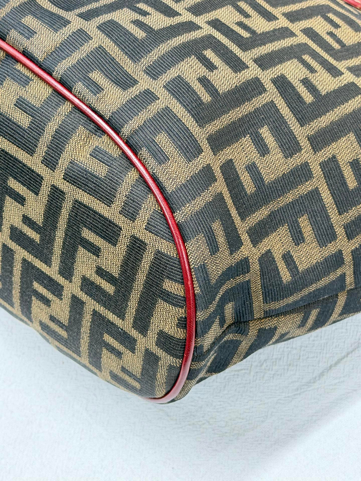 FENDI Zucca Canvas Buckle Tote Bag with Red Leather Accents