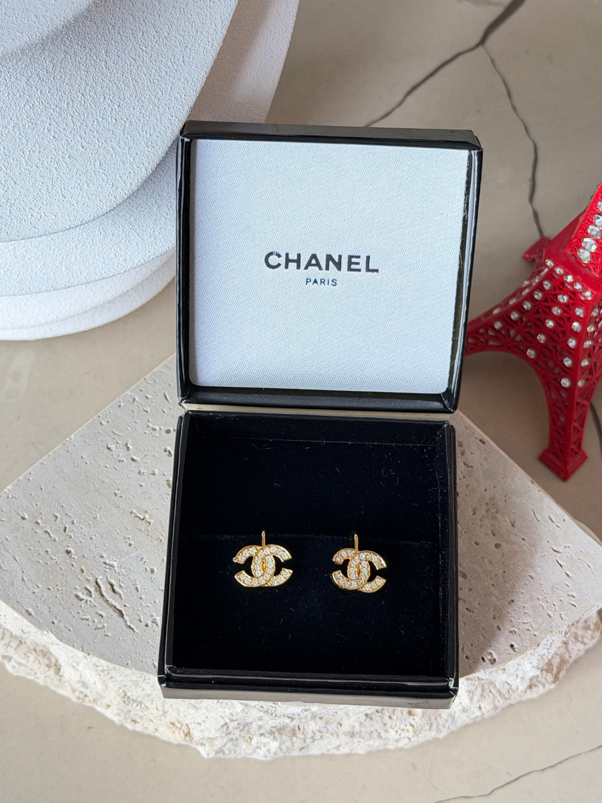 CHANEL Classic Turnlock CC Logo Crystal Embellished Stud Clip-on Earrings