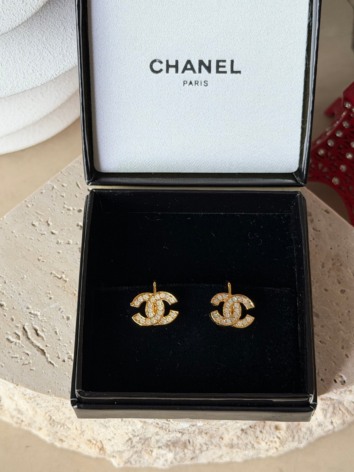 CHANEL Classic Turnlock CC Logo Crystal Embellished Stud Clip-on Earrings