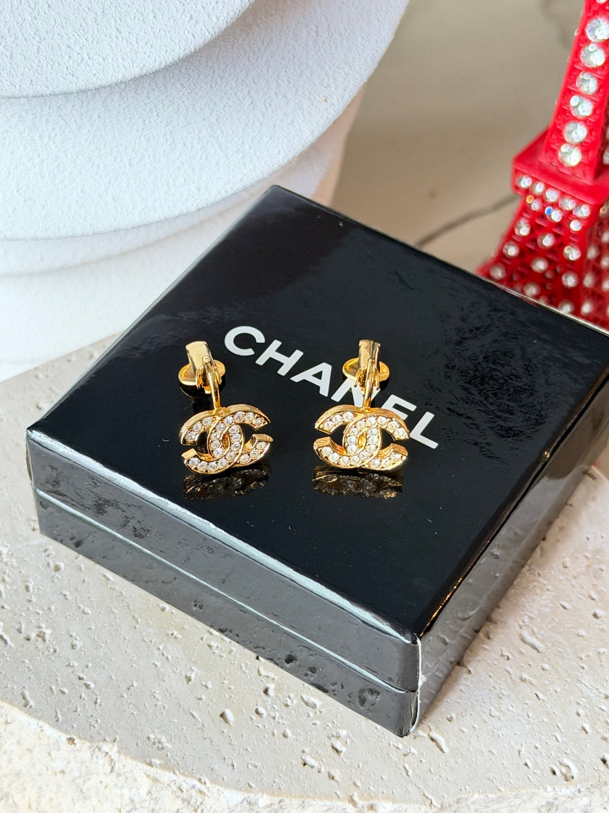 CHANEL Classic Turnlock CC Logo Crystal Embellished Stud Clip-on Earrings