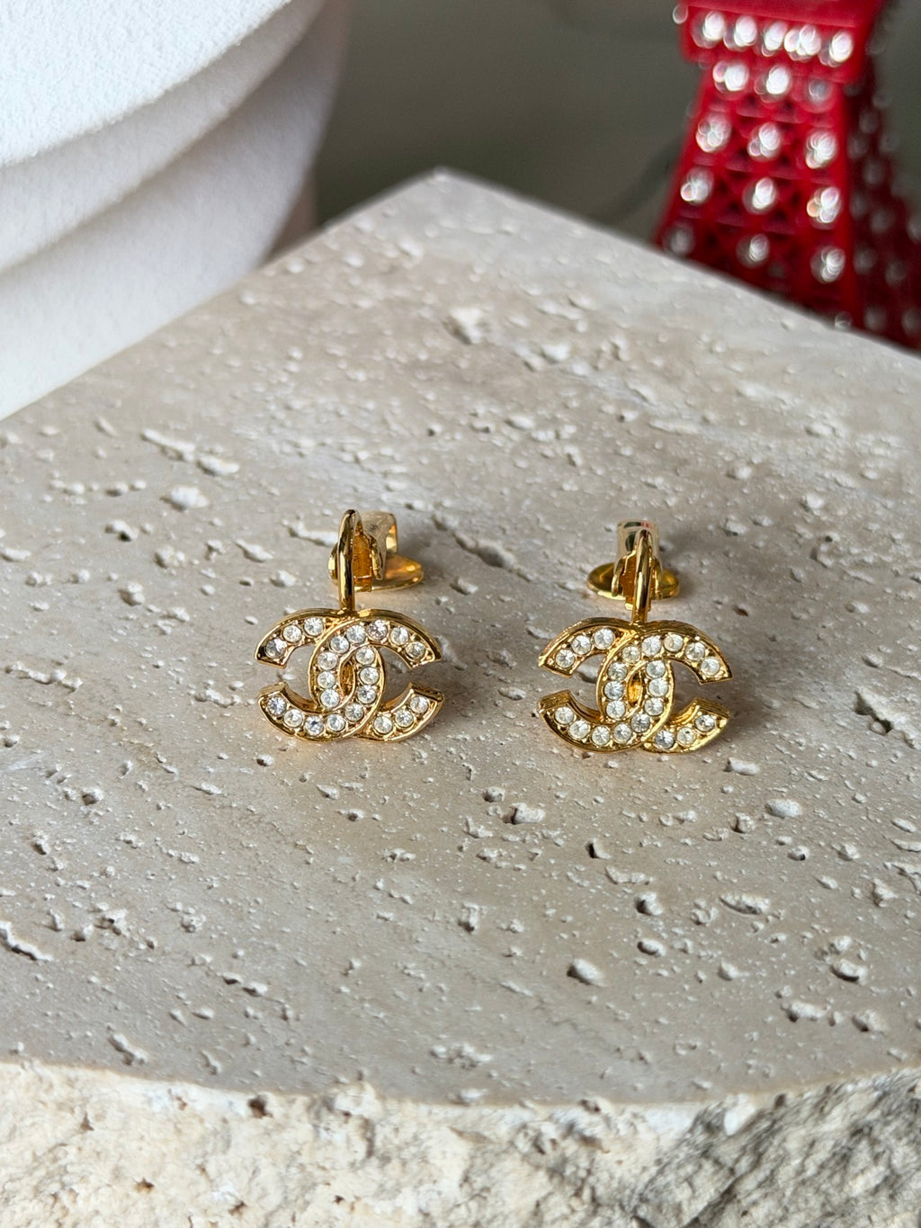 CHANEL Classic Turnlock CC Logo Crystal Embellished Stud Clip-on Earrings