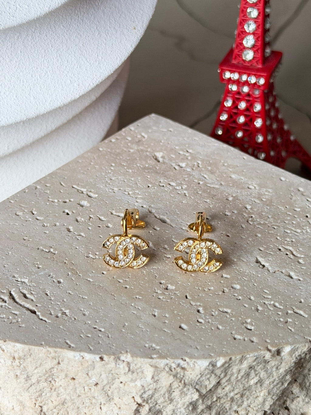 CHANEL Classic Turnlock CC Logo Crystal Embellished Stud Clip-on Earrings